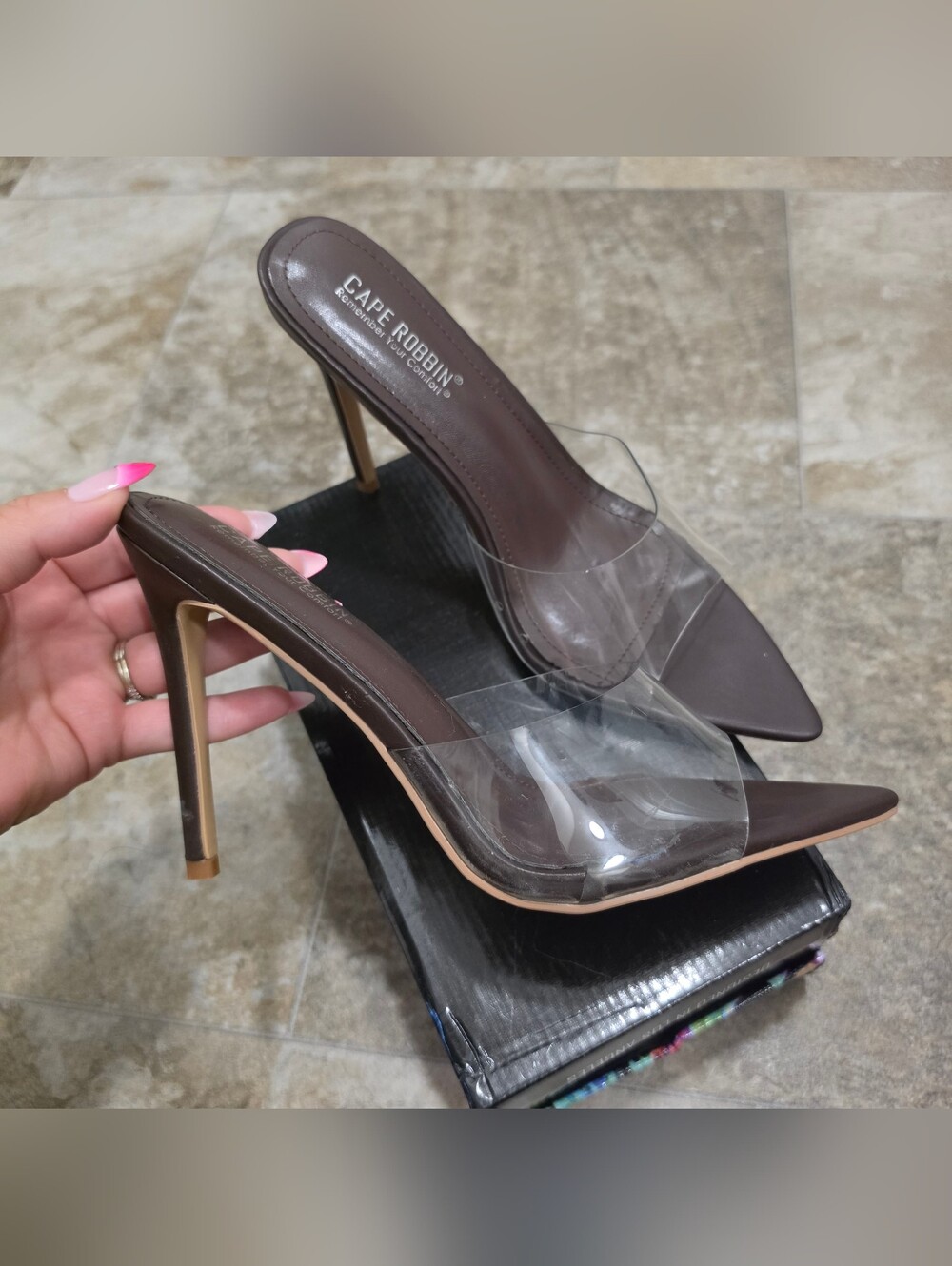 Cape Robbin Stiletto Brown Clear Strap Pointed Toe Mule Heels / Women's Size 9